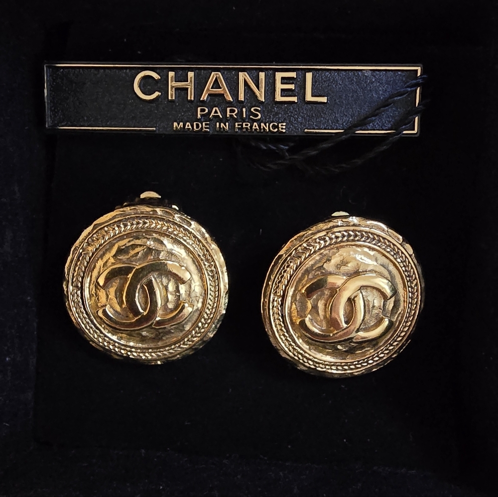 Chanel Coco Mark Engraved Gold Plated Earrings